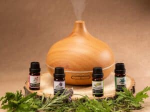 Wooden diffuser with essential oils, perfect for relaxation and aromatherapy needs.